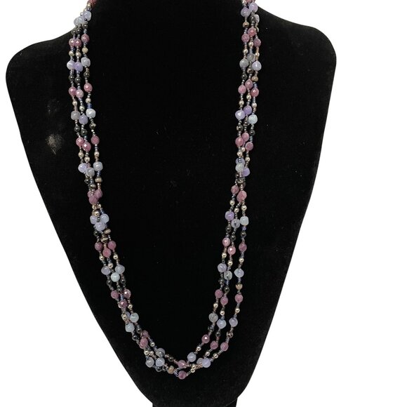 Multi-Strand Beaded Necklace W/ Purple & Blue Beads Silver Accents Lobster Clasp - Picture 1 of 1